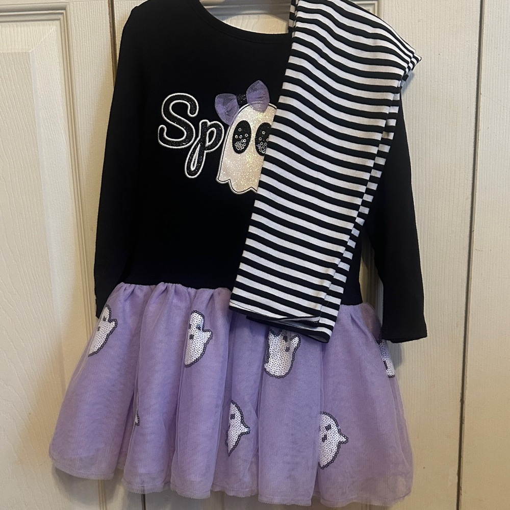 Spooky Ghost Kids Costume with Purple Skirt and Striped Leggings